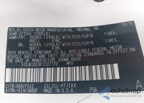 2015 Toyota Sienna Le z USA, uszkodzony, nr VIN 5TDJK3DC8FS127170